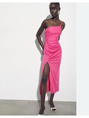 New Zara Draped Asymmetrical Linen Blend Mifi Dress Fuchsia Pink Sz Small S